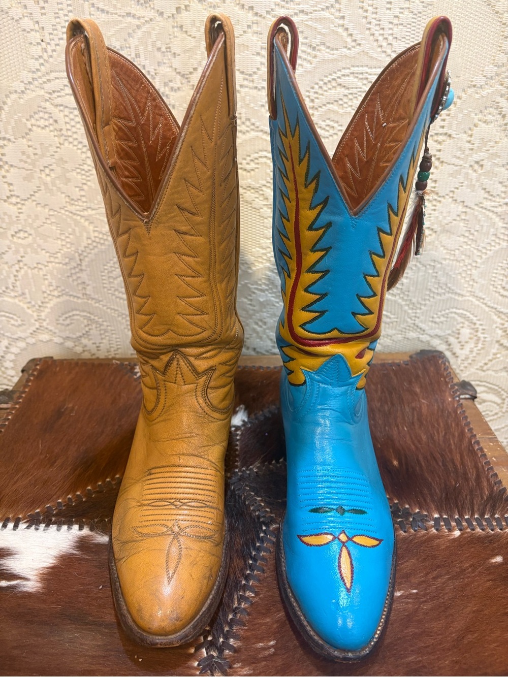 Hand Painted TonyLama Turquoise and Yellow Western Feathered Cowboy Boots size 8 - Picture 12 of 16